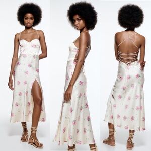 ZARA SATIN BUSTIER MIDI DRESS WHITE with PINK FLOWERS